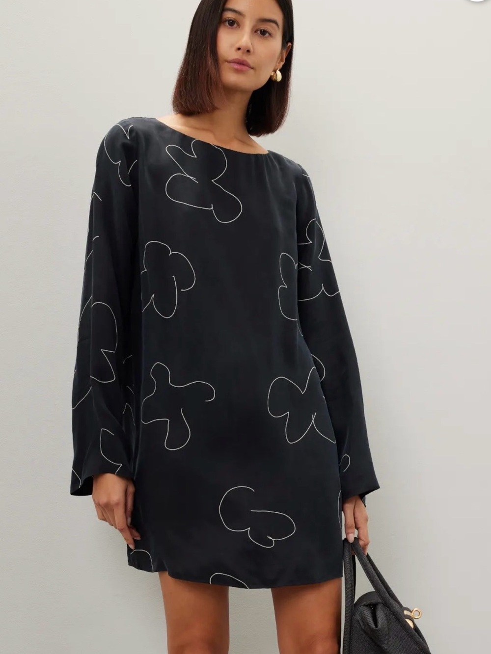 Madewell Black Line Art Floral Long Sleeve Cupro Mini Dress Size M Shift Tunic